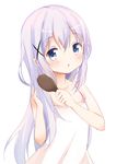  blue_eyes blue_hair dress gochuumon_wa_usagi_desu_ka? hair_brush hair_brushing hair_ornament hairclip highres kafuu_chino long_hair open_mouth solo sundress tsubaki_(tatajd) upper_body white_dress 