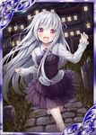  :d akkijin card_(medium) dress hair_ribbon long_hair looking_at_viewer mansion moon night night_sky official_art open_mouth outdoors purple_dress purple_ribbon red_eyes ribbon running see-through shinkai_no_valkyrie silver_hair sky smile solo 