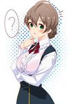  ? ahoge blush breasts commentary_request frilled_sleeves frills green_eyes gustav_(telomere_na) highres idolmaster idolmaster_million_live! idolmaster_million_live!_theater_days large_breasts light_brown_hair looking_at_viewer open_mouth sakuramori_kaori short_hair sketch solo spoken_question_mark tied_hair 