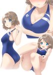  ass blue_eyes blue_swimsuit blush breasts brown_hair cleavage collarbone competition_swimsuit enatsu highres legs lips looking_at_viewer love_live! love_live!_sunshine!! medium_breasts multiple_views one-piece_swimsuit open_mouth short_hair sitting swimsuit tareme thighs watanabe_you 