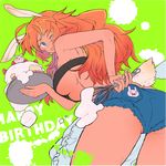  1girl :d :x absurdres animal_ears apron artist_request ass blue_eyes breasts bunny bunny_ears bunny_tail buttcrack cake charlotte_e_yeager happy_birthday large_breasts long_hair one_eye_closed open_mouth red_hair short_shorts smile strike_witches tail underboob wink world_witches_series 