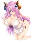  apron black_panties blue_eyes blush braid breasts cleavage closed_mouth collarbone commentary_request draph granblue_fantasy hair_ornament hair_over_one_eye hinata_sora horns huge_breasts lavender_hair leaning_forward long_hair looking_at_viewer narmaya_(granblue_fantasy) nearly_naked_apron panties pointy_ears side_braid simple_background smile solo underwear very_long_hair white_apron white_background 