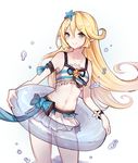 &gt;:) blonde_hair blue_eyes blue_innertube blush charlotta_fenia closed_mouth collarbone commentary cowboy_shot eyebrows_visible_through_hair flower frilled_swimsuit frills granblue_fantasy hair_between_eyes hair_ornament highres humanization innertube leaning_to_the_side long_hair looking_to_the_side navel pointy_ears smile solo standing star star_hair_ornament swimsuit tankini v-shaped_eyebrows water_drop white_background xoaiu 