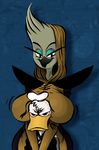  anthro avian beak big_breasts bird bloodshot_eyes boob_hat breasts disney donald_duck duck ducktales duo eyelashes female frown gabby_mcstabberson hat hood larger_female male size_difference smaller_male smile torotheking wide_hips 