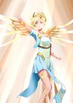  1u2d absurdres alternate_costume arm_up bad_anatomy blonde_hair blue_eyes breasts brown_background dress eyebrows_visible_through_hair facing_viewer feet_out_of_frame glowing glowing_wings head_wreath high_ponytail highres knees_together_feet_apart laurel_crown light_rays looking_up mechanical_wings mercy_(overwatch) overwatch pelvic_curtain pleated_dress short_hair short_sleeves small_breasts solo spread_wings standing sunlight toga white_dress winged_victory_mercy wings yellow_wings 