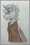  clothed clothing coat collar equine eyebrows eyedids feathers frown gem hair horn horse invalid_color mammal mane multicolored_hair pony simple_background spiked_hair two_tone_hair victorbessa96 winged_unicorn wings yellow_eyes 