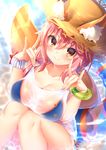 &gt;:) animal_ears bikini blue_bikini blush breasts brown_eyes cleavage day ears_through_headwear fate/extra fate/grand_order fate_(series) fox_ears fox_shadow_puppet fox_tail hat highres innertube jiiwara large_breasts long_hair looking_at_viewer outdoors pink_hair see-through shirt sitting smile solo swimsuit t-shirt tail tamamo_(fate)_(all) tamamo_no_mae_(fate) tamamo_no_mae_(swimsuit_lancer)_(fate) v-shaped_eyebrows water wet wet_clothes wet_shirt wet_t-shirt white_shirt 