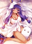  &lt;o&gt;_&lt;o&gt; animal_ears bangs bare_legs bare_shoulders barefoot bed_sheet blush breasts cleavage closed_mouth collarbone commentary competition_swimsuit dark_skin earrings eyebrows_visible_through_hair facial_mark fate/grand_order fate_(series) from_above full_body hair_tubes hairband hands_together head_tilt hoop_earrings jackal_ears jewelry kickboard large_breasts long_hair looking_at_viewer low-tied_long_hair necklace nitocris_(fate/grand_order) nitocris_(swimsuit_assassin)_(fate) nogi_takayoshi one-piece_swimsuit pendant purple_eyes purple_hair shiny shiny_hair shiny_skin sidelocks sitting solo sparkle swimsuit very_long_hair white_swimsuit yellow_hairband 