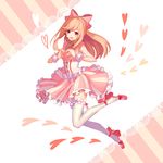  :d bangs blush bow brown_hair character_request copyright_request diagonal_stripes frilled_legwear from_side full_body hair_between_eyes hair_bow head_tilt heart heart_hands highres kurenai907 lace leg_up long_hair looking_at_viewer open_mouth pink_bow pink_footwear pink_skirt red_eyes shoes skirt smile solo striped swept_bangs thighhighs vertical-striped_skirt vertical_stripes white_legwear wrist_cuffs 