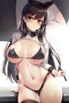  1girl 2019 alternate_costume animal_ears arm_support ass_visible_through_thighs atago_(azur_lane) azur_lane bangs bikini black_bikini black_hair black_legwear blush breasts brown_eyes cleavage closed_mouth commentary curvy extra_ears eyebrows_visible_through_hair grey_background hair_ribbon highleg highleg_bikini highres holding holding_umbrella jacket large_breasts leaning logo long_hair looking_at_viewer mole mole_under_eye motokonut navel parted_lips race_queen ribbon shrug_(clothing) sidelocks simple_background skindentation sleeve_cuffs solo swept_bangs swimsuit thighhighs thighs umbrella white_ribbon wrist_cuffs 