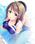  1girl :o black_hair blue_eyes breast_grab breasts cleavage collarbone commentary_request competition_swimsuit covered_nipples day drain_(object) fingering grabbing grey_hair hetero komone_ushio love_live! love_live!_sunshine!! medium_breasts one-piece_swimsuit open_mouth outdoors partially_submerged pool poolside reach-around ripples short_hair swimsuit thighs watanabe_you water 