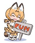  :d ^_^ animal_ears bow bowtie caesar_e.s. closed_eyes english fur_collar gloves kemono_friends meme multicolored_hair open_mouth parody serval_(kemono_friends) serval_ears serval_print serval_tail signpost simple_background smile solo sonic_the_hedgehog tail two-tone_hair white_background 