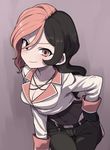  belt black_pants blush breasts brown_eyes brown_hair cleavage collarbone cowboy_shot gazacy_(dai) heterochromia highres jewelry leaning_forward long_hair long_sleeves looking_at_viewer medium_breasts necklace neo_(rwby) pants pink_eyes pink_hair rwby smile solo 