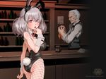  1girl animal_ears ass bartender black_leotard bow bowtie bunny_ears bunny_tail bunnysuit detached_collar finger_to_mouth fishnet_pantyhose fishnets highres kuro_taketo leotard looking_at_viewer old_man original pantyhose red_bow red_eyes red_neckwear short_hair silver_hair strapless strapless_leotard tail twintails wrist_cuffs 