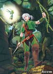  belt boots braid copyright_name dagger force_of_will full_body gill_(force_of_will) grass leaf long_hair male_focus official_art orange_eyes ponytail solo teeth tree weapon white_hair 