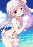  ball beachball bikini bikini_skirt chitosezaka_suzu cloud day flat_chest garter_straps gotou_jun holding leaning_forward long_hair navel ocean one_side_up open_mouth outdoors purple_eyes purple_hair ribbon sky smile solo swimsuit tenshi_no_3p! thigh_strap very_long_hair white_bikini 