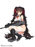  bangs black_footwear black_hair black_panties blush boots brown_eyes commentary_request eyebrows_visible_through_hair girls_frontline gun hair_between_eyes holding holding_gun holding_weapon kishiyo knee_boots long_hair looking_at_viewer lying magazine_(weapon) on_side one_eye_closed panties parted_lips qbz-97 qbz-97_(girls_frontline) solo thighhighs thighs torn_clothes tsurime twintails underwear very_long_hair weapon white_legwear 