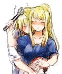  1girl annoyed blonde_hair blue_shirt blush closed couple edward_elric embarrassed eyebrows_visible_through_hair fullmetal_alchemist hetero long_hair shirt simple_background sweatdrop tsukuda0310 white_background white_shirt winry_rockbell wrench 