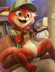  3_toes 4_fingers anthro bathroom bottomless canine clothed clothing clothing_lift cub disney featureless_crotch fox green_eyes hat male mammal navel nick_wilde open_mouth public_restroom restroom_stall shirt shirt_lift solo toes tricksta young zootopia 