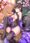  1girl alcohol animal_ear_fluff animal_ears armpit_crease bangs bare_shoulders black_hair black_legwear blurry blush breasts cherry_blossoms cleavage closed_mouth commentary_request covered_navel cup depth_of_field eyebrows_visible_through_hair fox_ears fox_tail gradient_hair hair_over_one_eye hand_up head_tilt highres holding knee_up long_hair long_sleeves looking_at_viewer medium_breasts multicolored_hair no_shoes off_shoulder original pelvic_curtain petals purple_eyes purple_hair sakazuki sake sitting sleeveless sleeves_past_wrists smile solo spilling tail thighhighs thighs wide_sleeves yukishiro_arute 