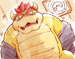  2015 anthro blush bowser clothing eyebrows garouzuki green_skin hair horn inside koopa male male_focus mario_bros multicolored_skin nintendo open_mouth pink_tongue red_eyes red_hair robe scalie simple_background slightly_chubby snout solo steam sweat tan_skin teeth tongue undressing video_games white_horn yellow_skin 