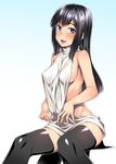  backless_outfit black_hair black_legwear blue_eyes blush body_blush breasts bright_pupils dress eyebrows_visible_through_hair gradient gradient_background h_kasei long_hair medium_breasts meme_attire open_mouth original ribbed_sweater shirt short_dress simple_background sitting sleeveless sleeveless_shirt smile solo sweater sweater_dress thighhighs turtleneck turtleneck_sweater virgin_killer_sweater white_pupils 