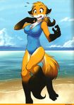  anthro beach blue_eyes blush breasts canine clothing confusion cross_gender crossgender cute embarrassed female femmike(twokinds) fox invalid_tag mammal mike(twokinds) seaside solo swimsuit two_kinds 