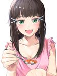  :d absurdres bangs black_hair blurry blush breasts cleavage collarbone commentary cupping_hand curry curry_rice depth_of_field earrings feeding food green_eyes hair_ornament hairpin highres jewelry kurosawa_dia long_hair looking_at_viewer love_live! love_live!_sunshine!! medium_breasts mole mole_under_mouth open_mouth pink_shirt pov_feeding rice shaka_(staito0515) shirt simple_background smile solo spoon star star_earrings upper_body white_background 