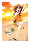  :d absurdres arm_up bare_shoulders beach blouse braid closed_eyes cloud floral_print full_body gen_7_pokemon happy hat highres mizuki_(pokemon) ocean open_mouth orange_sky poke_ball pokemon pokemon_(creature) pokemon_(game) pokemon_usum purple_eyes rowlet shorts sky smile sun sunset twin_braids waving yuihiko 