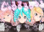  :&gt;= aqua_eyes aqua_hair blonde_hair double_v fellatio hatsune_miku heart heart-shaped_pupils highres kagamine_rin maruhage_p megurine_luka multiple_girls onomatopoeia oral penis pink_hair symbol-shaped_pupils testicles translation_request twintails v vocaloid 