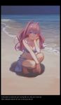  absurdres ahoge animal_ears beach breasts cat_ears cleavage closed_mouth e=mc2_(qq53712033) english highres large_breasts long_hair looking_away navel original pink_hair purple_eyes smile solo squatting windowboxed 