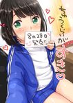  announcement beads black_hair blush commentary_request covered_mouth curtains dutch_angle green_eyes hair_beads hair_bobbles hair_ornament hand_up heart holding holding_sign indoors open_track_jacket original reaching_out self_shot short_shorts shorts sign solo translation_request window yukiu_kon 