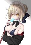  artoria_pendragon_(all) artoria_pendragon_(swimsuit_rider_alter) bikini_top black_bikini_top blonde_hair blush braid breasts choker cleavage empty_eyes fate/grand_order fate_(series) food food_in_mouth hair_bun hair_ribbon highres inuue_kiyu light_brown_hair looking_at_viewer maid_headdress medium_breasts mouth_hold off_shoulder polearm popsicle ribbon ribbon_trim short_hair simple_background sleeves_past_wrists solo sweat upper_body weapon yellow_eyes 