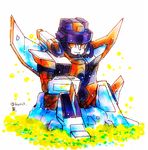  commentary_request decepticon grass kuri_(kr2903) looking_at_viewer machine machinery mecha nature no_humans outdoors personification red_eyes robot rock simple_background sitting sitting_on_rock smile solo starscream transformers transformers_armada white_background 