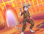  anthro blood cheetah feline fur green_eyes grey_hair hair hfd4 male mammal ripli smile solo spots spotted_fur stainding syntaxis tongue tongue_out victory white_fur wounded 