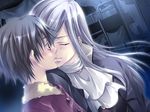  2boys ascot bangs blush brown_eyes brown_hair buttons coat couple eyebrows_visible_through_hair eyes_closed floating_hair game_cg high_collar ichi_yuzuki indoors kiss laughter_land long_hair long_sleeves male_focus matching_hair/eyes multiple_boys night official_art parted_lips richard_mcbain sergi_(laughter_land) shiny shiny_hair side_view silver_hair surprised yaoi 