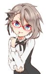  ange_(princess_principal) blue_eyes blush braid closed_mouth commentary_request cross-laced_clothes eyebrows_visible_through_hair eyes_visible_through_hair finger_to_mouth fingernails frilled_shirt_collar frills glasses grey_hair hand_on_own_elbow hand_up head_tilt long_sleeves looking_at_viewer medium_hair oshishio princess_principal red-framed_eyewear school_uniform short_eyebrows simple_background single_braid smile solo upper_body white_background 