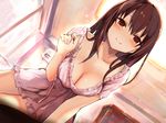  amamitsu_kousuke breasts brown_hair cleavage closed_mouth copyright_request dutch_angle eyebrows_visible_through_hair from_below hair_between_eyes indoors large_breasts long_hair looking_at_viewer nightgown non-web_source pov red_eyes sidelocks sitting smile solo 