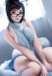  aran_sweater artist_name banned_artist black-framed_eyewear black_eyes black_hair breasts closed_mouth commentary glasses hair_bun hair_ornament hairpin large_breasts lips looking_at_viewer mei_(overwatch) meme_attire overwatch patreon_username red_lips sakimichan short_hair signature sitting solo sweater v_arms virgin_killer_sweater wariza watermark web_address white_legwear 