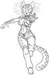  action_pose breasts claws clothed clothing crossover feline fur glowing glowing_eyes khajiit looking_at_viewer magic mammal midriff monochrome redout skimpy spots spotted_fur starfire the_elder_scrolls video_games white_spottytail_mage 