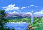  blue_sky building city cloud cloudy_sky commentary day grass highres hirota_(masasiv3) horizon lake lighthouse mountainous_horizon nature no_humans outdoors railing road scenery sky tree water water_surface 