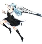  absurdres arm_ribbon black_legwear blue_eyes blue_hair closers dress full_body hair_ribbon hairband highres holding holding_sword holding_weapon huge_weapon kneehighs long_hair looking_at_viewer official_art red_star_alliance ribbon serious simple_background sleeveless solo sword violet_(closers) weapon white_background 