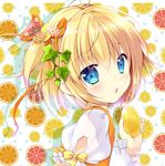  bangs blonde_hair blue_eyes blush commentary_request eyebrows_visible_through_hair food fruit hair_ornament highres holding lemon lemon-chan lemon_slice looking_at_viewer looking_back melonbooks mikeou open_mouth puffy_sleeves short_hair short_sleeves simple_background solo upper_body 