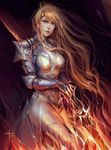  armor armored_dress breasts commentary expressionless fantasy knight light_brown_hair long_hair looking_at_viewer medium_breasts orange_eyes solo standing tida_kietsungden vambraces very_long_hair warrior 