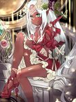 bad_id bad_pixiv_id breasts bug butterfly butterfly_hair_ornament cleavage dark_skin dress elf frilled_dress frills green_eyes hair_ornament high_heels highres insect legs long_hair looking_at_viewer off_shoulder pointy_ears red_dress ribo sandals sidelocks sitting small_breasts smile solo very_long_hair white_hair 
