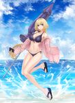  artist_name bangs beach bikini black_bow blonde_hair blue_bikini blue_eyes blue_sky blush bow braid breasts cleavage closed_mouth cloud cloudy_sky collarbone commentary_request day eyebrows_visible_through_hair fate/apocrypha fate/grand_order fate_(series) flip-flops front-tie_bikini front-tie_top full_body hair_bow highres hood hoodie jeanne_d'arc_(fate) jeanne_d'arc_(fate)_(all) large_breasts long_hair looking_at_viewer mhg_(hellma) navel ocean open_clothes open_hoodie outdoors revision sandals side-tie_bikini sidelocks signature single_braid sky smile solo swimsuit tareme thighs very_long_hair 
