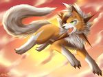  afternoon akino barefoot canine claws dusk_lycanroc feral fur green_eyes hi_res jumping looking_back lycanroc mammal nintendo nude open_mouth outside pok&eacute;mon sharp_claws sharp_teeth spikes teeth toe_claws tongue video_games 