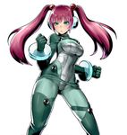  aqua_eyes ass_visible_through_thighs beads blue_eyes bodysuit clenched_hands closed_mouth daichan_mona dot_nose green_bodysuit hair_beads hair_ornament long_hair looking_at_viewer metal_slug metal_slug_attack nova_(metal_slug) official_art pink_hair red_hair simple_background solo tight twintails white_background 