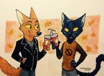  2017 4_fingers anthro beverage black_fur canine cat clothed clothing cute_fangs duo feline female fox fur gregg_(nitw) mae_(nitw) male mammal multyashka-sweet nitw red_eyes simple_background smile standing tan_fur whiskers yellow_eyes 