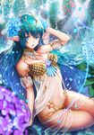  artist_name bibiko blue_eyes breasts cleavage eyebrows_visible_through_hair green_hair large_breasts long_hair looking_at_viewer navel original parted_lips pointy_ears signature sitting solo 
